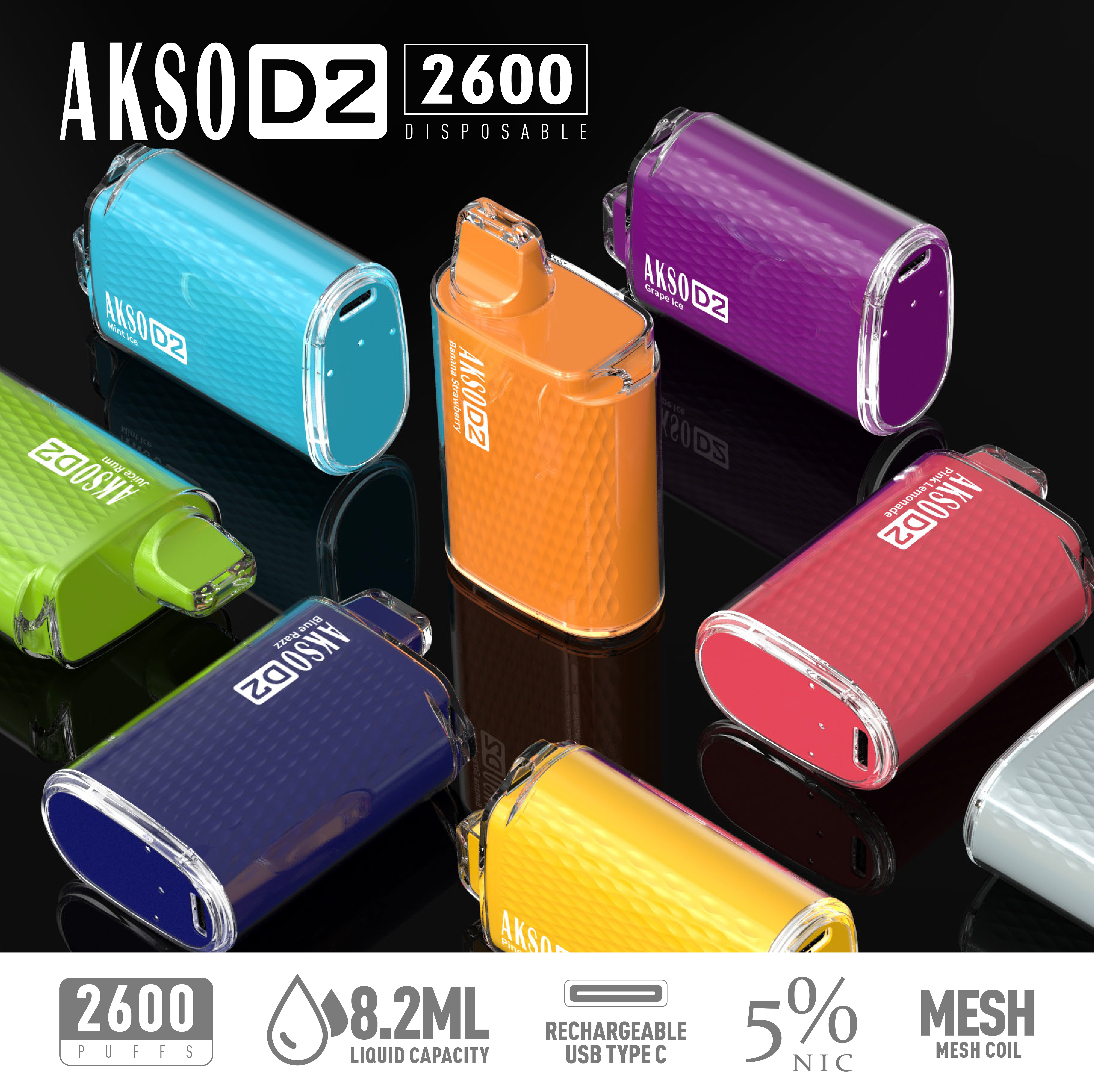 HCigar AKSO D2 Disposable Vape box 650mAh(Rechargeable) 2600 Puffs